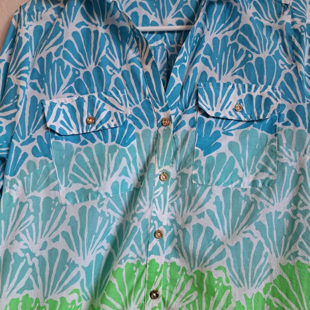 Lilly Pulitzer Captiva Tunic Blue Green Shell Print Longsleeve Button Up Size XS - Picture 6 of 12